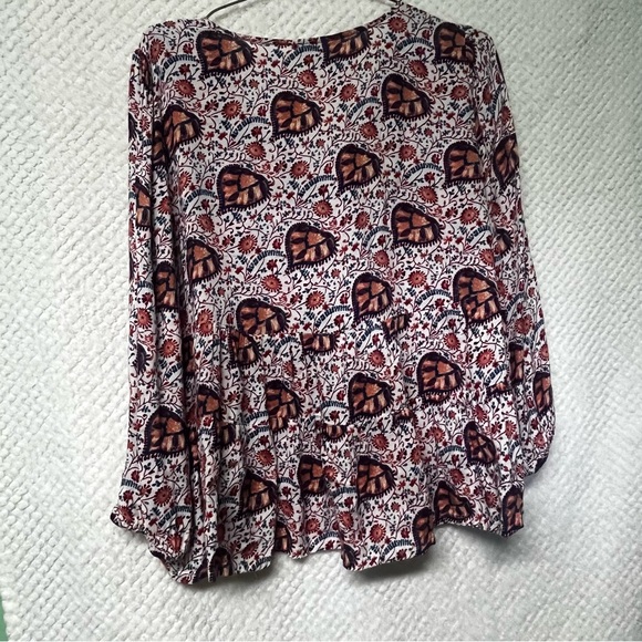 Lucky Brand Blouse Orange Maroon Details Floral Flowy Loose Fit Peasant Sleeve - Picture 6 of 8